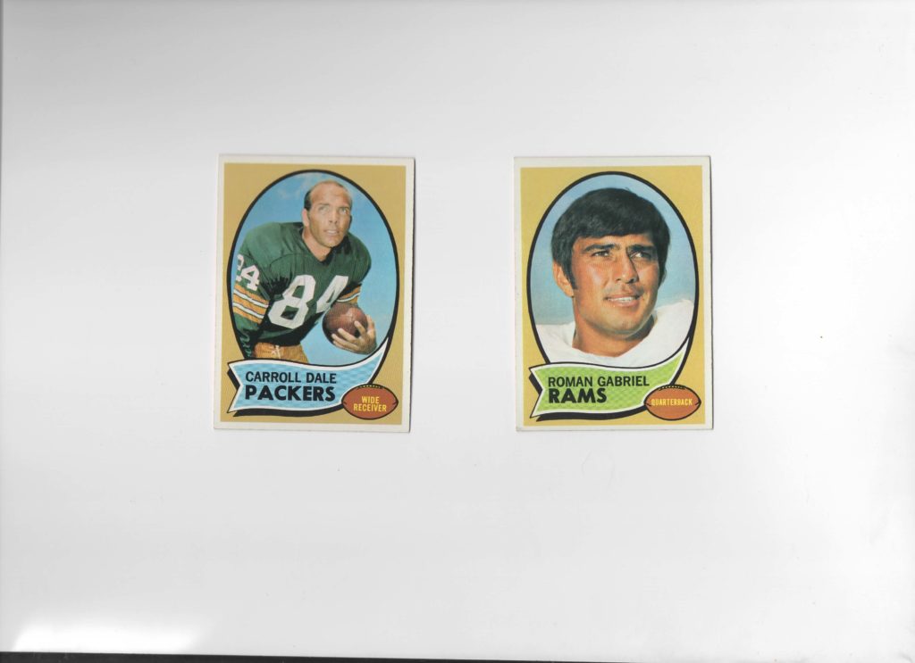 1970 topps football cards of Carroll Dale of the Green Bay Packers and Roman Gabriel of the Los Angeles Rams